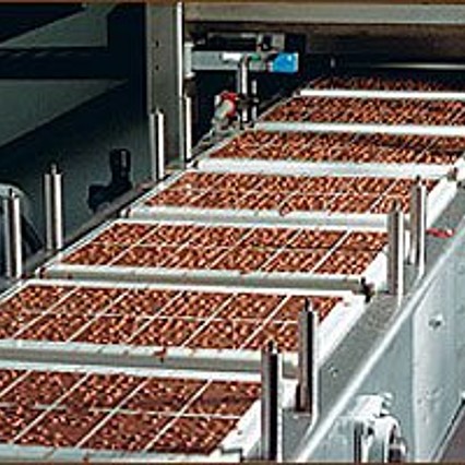 A glance into a bar-producing system. The forms are filled and shaken to remove air bubbles, before they reach the cooling tunnel.