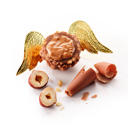 MilchMit zartschmelzender Pralinécrème, umhüllt von aromatischen Haselnüssen in Milchschokolade.