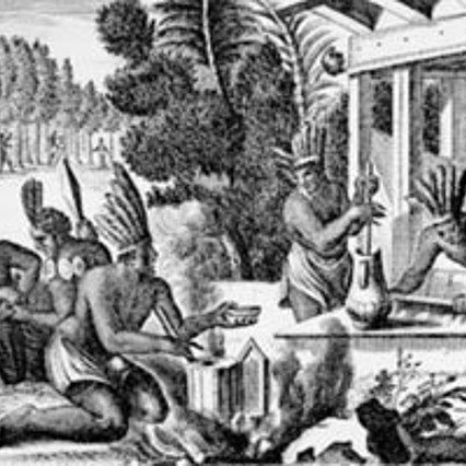 Azteken bei der Zubereitung des "Xocolatl": Kakaobohnen werden geröstet, gemahlen und mit Wasser und Gewürzen schaumig gerührt (Olfert Dapper, "Die unbekannte Neue Welt").